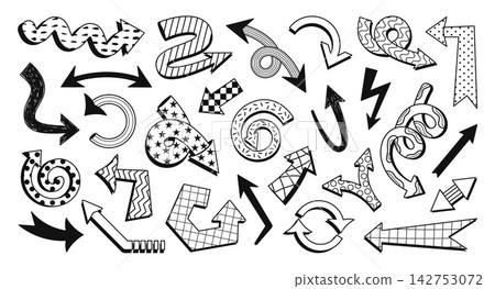Abstract arrow. Playful outline arrows. Funky black direction sign in various shapes. Comic doodle direction symbols, wavy pointer, curved and turned arrow icon. Vector set Abstract arrow. Playful outline arrows. Funky black direction sign in various shapes. Comic doodle direction symbols, wavy pointer, curved and turned arrow icon. Vector set 142753072