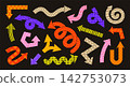Funky arrow. Comic direction pointer. Colorful arrows with various texture, cartoon funny decor with playful pattern, navigation sign with different shape. Vector set 142753073