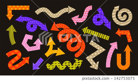Funky arrow. Comic direction pointer. Colorful arrows with various texture, cartoon funny decor with playful pattern, navigation sign with different shape. Vector set 142753073