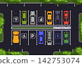 Parking lot. Overhead view of parking area. Parking zone, cars, marked parking spaces with signage, organized lane markings, accessibility symbol and EV charging icon. Vector concept 142753074