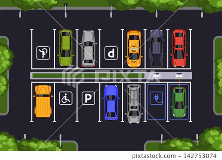 Parking lot. Overhead view of parking area. Parking zone, cars, marked parking spaces with signage, organized lane markings, accessibility symbol and EV charging icon. Vector concept 142753074