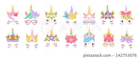 Unicorn face. Cute magic pony emotions. Cartoon funny princess unicorns with different emotions, rainbow horn, bow, wreath, flowers. Kids fairytale characters. Vector set Unicorn face. Cute magic pony emotions. Cartoon funny princess unicorns with different emotions, rainbow horn, bow, wreath, flowers. Kids fairytale characters. Vector set 142753076