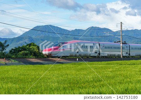 秋田新幹線小町號列車飛馳穿過秋田縣的稻田,營造出綠油油的田野與鐵軌交相輝映的美麗景色。 秋田新幹線小町號列車飛馳穿過秋田縣的稻田,營造出綠油油的田野與鐵軌交相輝映的美麗景色。 142753180