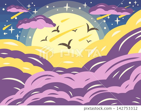一組風格化的夜空、月光和雲朵圖片。 一組風格化的夜空、月光和雲朵圖片。 142753312