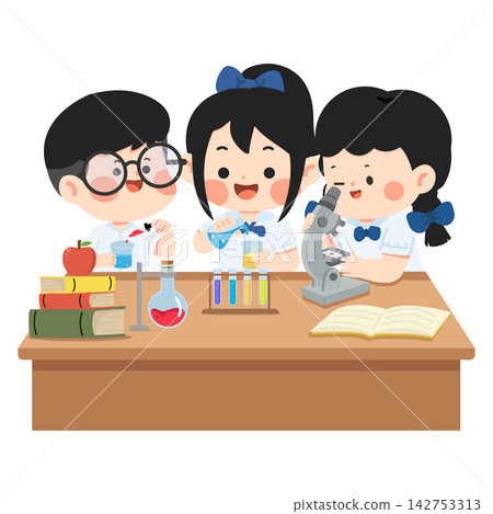 Elementary students performing science experiment in school laboratory for STEM education. Elementary students performing science experiment in school laboratory for STEM education. 142753313