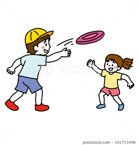 A boy and a girl playing catch with a flying disc. A boy and a girl playing catch with a flying disc. 142753496