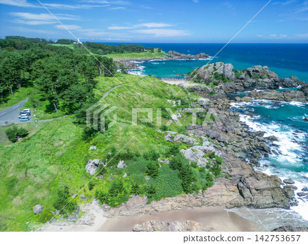 Aerial view of the beautiful summer scenery of Tanesashi Coast in Aomori Prefecture, Hachinohe City. Aerial view of the beautiful summer scenery of Tanesashi Coast in Aomori Prefecture, Hachinohe City. 142753657