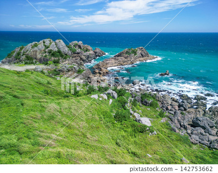 Aerial view of the beautiful summer scenery of Tanesashi Coast in Aomori Prefecture, Hachinohe City. Aerial view of the beautiful summer scenery of Tanesashi Coast in Aomori Prefecture, Hachinohe City. 142753662