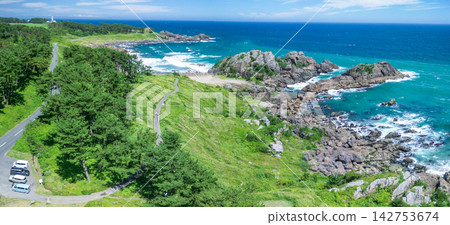 Aerial view of the beautiful summer scenery of Tanesashi Coast in Aomori Prefecture, Hachinohe City. Aerial view of the beautiful summer scenery of Tanesashi Coast in Aomori Prefecture, Hachinohe City. 142753674