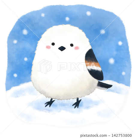 一幅可愛的水彩風格插圖，描繪了一隻長尾山雀在雪地裡。 142753800