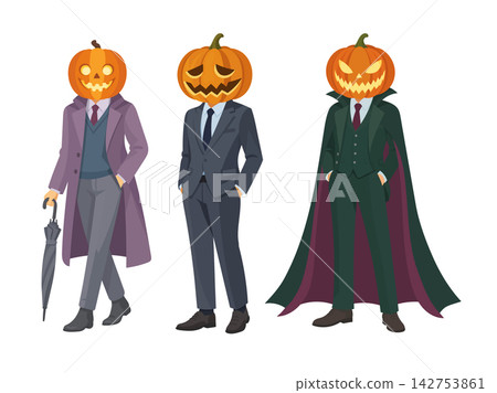 Flat vector illustration set of three stylish Halloween characters with carved pumpkin heads wearing elegant suits, coat, cape, and umbrella, isolated on white background. Flat vector illustration set of three stylish Halloween characters with carved pumpkin heads wearing elegant suits, coat, cape, and umbrella, isolated on white background. 142753861