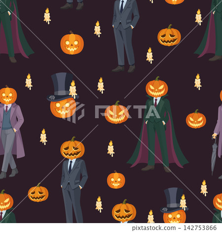 Seamless Halloween pattern with pumpkin head characters, jack lanterns, candles, and spooky costumes. Flat vector for fabric, wallpaper, and prints. Seamless Halloween pattern with pumpkin head characters, jack lanterns, candles, and spooky costumes. Flat vector for fabric, wallpaper, and prints. 142753866