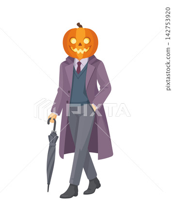 Flat vector illustration of a Halloween character with a glowing jack lantern head, elegant coat, formal outfit, and umbrella. Spooky autumn costume isolated. Flat vector illustration of a Halloween character with a glowing jack lantern head, elegant coat, formal outfit, and umbrella. Spooky autumn costume isolated. 142753920