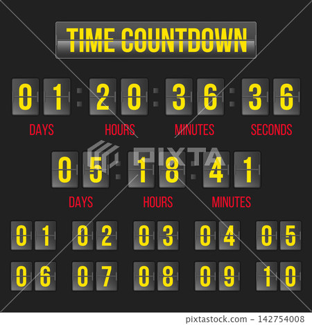 Modern yellow digital flip clock countdown timers featuring mechanical flip numbers for days, hours, minutes, and seconds set against a dark background for web and application design. Modern yellow digital flip clock countdown timers featuring mechanical flip numbers for days, hours, minutes, and seconds set against a dark background for web and application design. 142754008