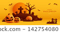 Paper Graphic Style Halloween Theme Banner with Group of Jack O Lantern 142754080