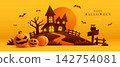 Paper Graphic Style Halloween Theme Banner with Group of Jack O Lantern 142754081