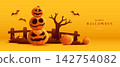 Paper Graphic Style Halloween Theme Banner with Group of Jack O Lantern 142754082