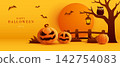 Paper Graphic Style Halloween Theme Banner with Group of Jack O Lantern 142754083