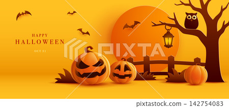 Paper Graphic Style Halloween Theme Banner with Group of Jack O Lantern Paper Graphic Style Halloween Theme Banner with Group of Jack O Lantern 142754083