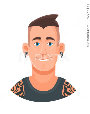A man with a tattoo and piercing, cute cartoon character. Flat vector clipart, illustration with isolated background. A man with a tattoo and piercing, cute cartoon character. Flat vector clipart, illustration with isolated background. 142754155