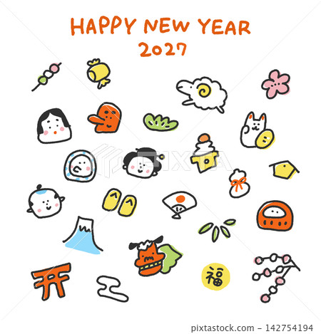 可愛又輕鬆的日式新年橫幅,以綿羊和日本新年為主題——手繪——2027年——方形——富士山和達摩娃娃 可愛又輕鬆的日式新年橫幅,以綿羊和日本新年為主題——手繪——2027年——方形——富士山和達摩娃娃 142754194