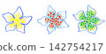 A set of three flowers with white petals and gradually spreading colors. 142754217