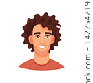 A young man with curly hair, cute cartoon character. Flat vector clipart, illustration with isolated background. 142754219