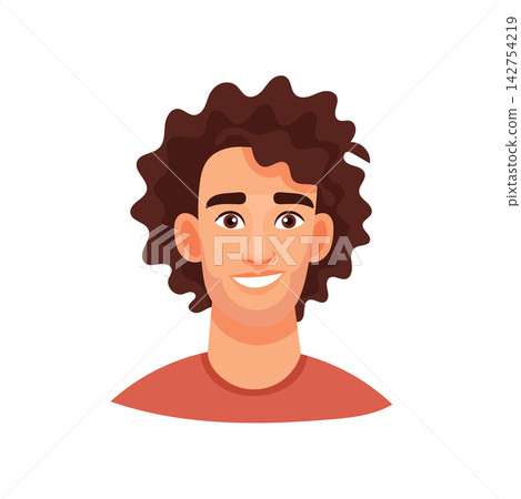 A young man with curly hair, cute cartoon character. Flat vector clipart, illustration with isolated background. A young man with curly hair, cute cartoon character. Flat vector clipart, illustration with isolated background. 142754219