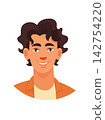 A young man with curly hair, cute cartoon character. Flat vector clipart, illustration with isolated background. 142754220
