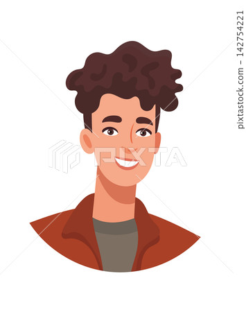 A young man with curly hair, cute cartoon character. Flat vector clipart, illustration with isolated background. A young man with curly hair, cute cartoon character. Flat vector clipart, illustration with isolated background. 142754221