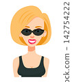 Blondes with short hair and earrings and sunglasses, cute cartoon character. Flat vector clipart, illustration with isolated background. 142754222