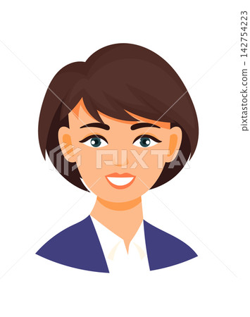 Business woman with short hair, cute cartoon character. Flat vector clipart, illustration with isolated background. Business woman with short hair, cute cartoon character. Flat vector clipart, illustration with isolated background. 142754223