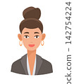Business woman in earrings and jacket with bun hairstyle, cute cartoon character. Flat vector clipart, illustration with isolated background. 142754224