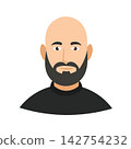 Bald bearded man, cute cartoon character. Flat vector clipart, illustration with isolated background. 142754232