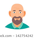 Bald bearded man, cute cartoon character. Flat vector clipart, illustration with isolated background. 142754242