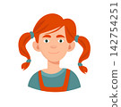 A red-haired girl with freckles on her face, cute cartoon character. Flat vector clipart, illustration with isolated background. 142754251