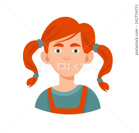 A red-haired girl with freckles on her face, cute cartoon character. Flat vector clipart, illustration with isolated background. A red-haired girl with freckles on her face, cute cartoon character. Flat vector clipart, illustration with isolated background. 142754251