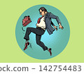 Pop Art Retro A man kicks a briefcase. Fatigue and anger at work. Searching for work and qualifications. 142754483