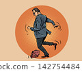 Pop Art Retro A man kicks a briefcase. Fatigue and anger at work. Searching for work and qualifications. 142754484