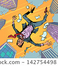 Pop Art Retro Office stress. Mental health issues. A man falls among skyscrapers. 142754498