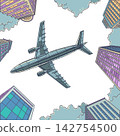 Pop Art Retro An airplane flies over the city. Travel around the world. International business. 142754500