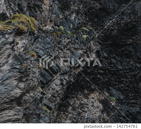 Close-up of basalt rock formations at Reynisfjara beach on the south coast of Iceland. 142754761