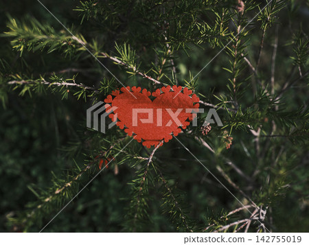 decorative red heart among tree leaves decorative red heart among tree leaves 142755019