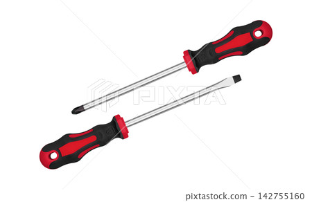 Pair of cross and Red slot head screwdrivers isolated on white background with copy space Pair of cross and Red slot head screwdrivers isolated on white background with copy space 142755160
