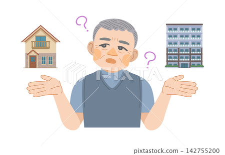 一幅插圖,描繪了一位老人比較獨棟住宅和公寓大樓之間的差異。 一幅插圖,描繪了一位老人比較獨棟住宅和公寓大樓之間的差異。 142755200