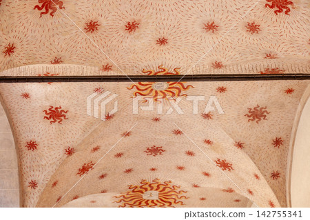 Frescoed Vaulted Ceiling with Radiant Sun Motifs in Sforza Castle Courtyard Portico Milan Italy Frescoed Vaulted Ceiling with Radiant Sun Motifs in Sforza Castle Courtyard Portico Milan Italy 142755341