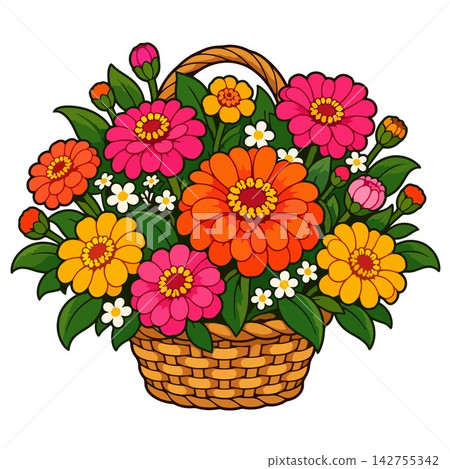 Zinnia Flower Basket Arrangement with Vibrant Colorful Blooms and Greens Zinnia Flower Basket Arrangement with Vibrant Colorful Blooms and Greens 142755342