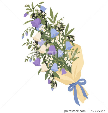 Bellflower Bouquet Wrapped with Paper and Tied with a Blue Ribbon 142755344