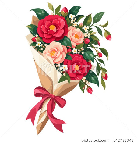 Bouquet of Red Camellia Flowers Wrapped in Paper with a Ribbon Bouquet of Red Camellia Flowers Wrapped in Paper with a Ribbon 142755345