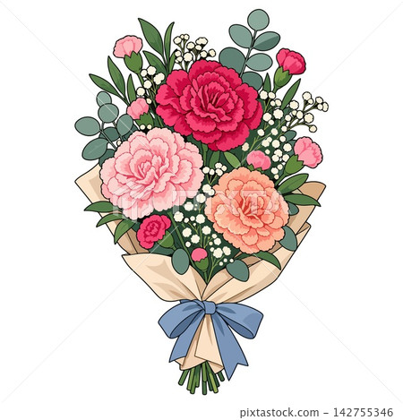 Carnation Flower Bouquet Wrapped in Craft Paper with Blue Ribbon Carnation Flower Bouquet Wrapped in Craft Paper with Blue Ribbon 142755346